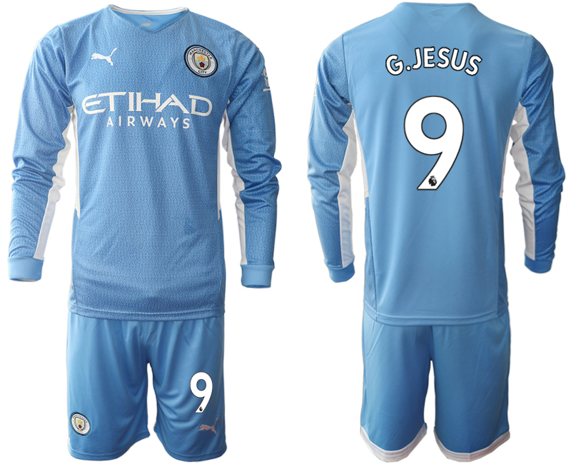 Men 2021-2022 Club Manchester city home Light blue Long Sleeve #9 Soccer Jersey->manchester city jersey->Soccer Club Jersey